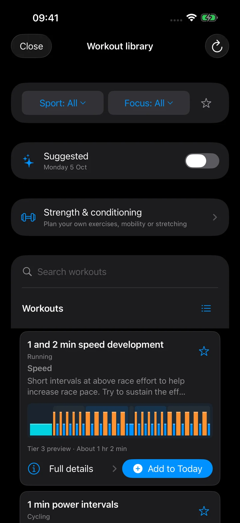 Workout library with sport and focus filters